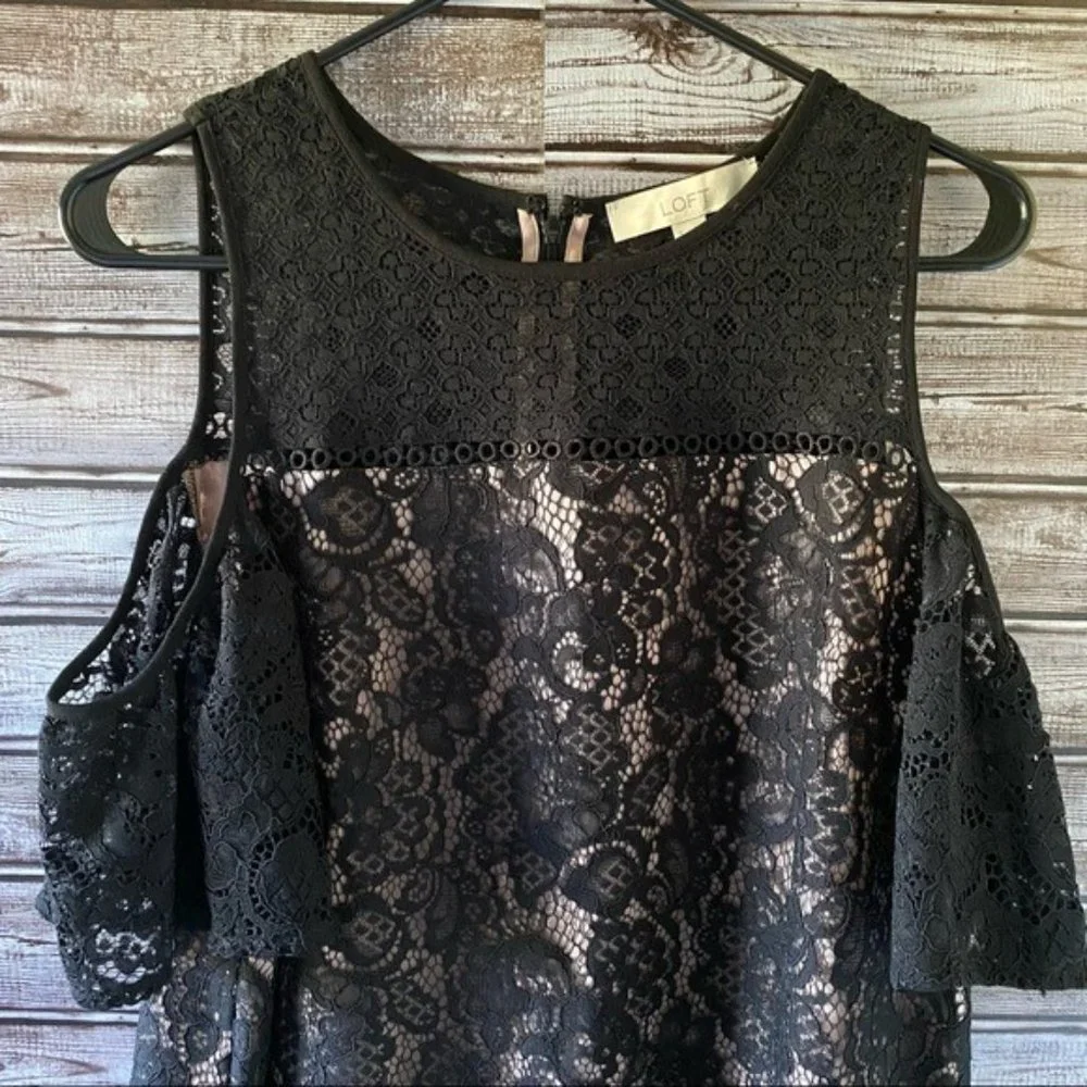 LOFT Cold-Shouldered Black Lace Lined‎ Dress Size 8